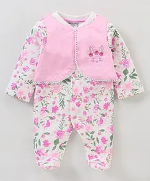 Wonderchild Full Sleeves Floral Printed Romper With Jacket - Pink