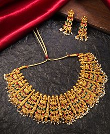 Yellow Chimes Intricate Deity Design Detailed & Pearl Embellished Necklace With Coordinating Earrings - Golden