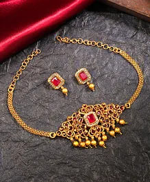 Yellow Chimes Kundan Stone With Pearl Embellished Necklace With Coordinating Earrings - Golden & Red