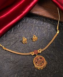 Yellow Chimes Intricate Ethnic Peacock Design Detailed & Stone Embellished Necklace With Coordinating Earrings - Golden & Red