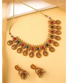 Yellow Chimes Traditional Deity Coin Medallion Style Necklace & Dome Shaped Earrings - Golden Red Green
