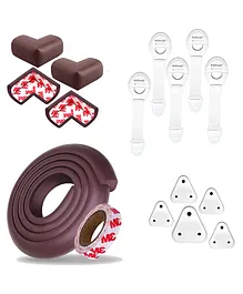 KidDough Baby Proofing Safety Kit 2 mtr Safety Strip 4 Pre-Taped Corner Guards for Sharp Edges 5 Electric Socket Guards 5 Safety Locks for Cabinets Almirahs Drawer - Brown