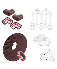 KidDough Baby Proofing Safety Kit 5 meters Safety Strip 4 Pre-Taped Corner Guards for Sharp Edges and Corners 5 Safety Locks for Cabinets Almirahs 3 Electric Sockets Guards 2 Random Door Stoppers - Brown