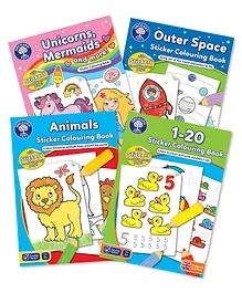 Orchard Toys Set of 4: Unicorn, Mermaids and More, Outer Space, Animals and 1-20 Sticker Colouring Books - English