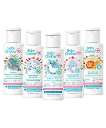 BabyChakra Wash, Shampoo,  Massage Oil Hair Oil & Coconut Oil for Babies No Mineral Oil & No Paraben Nourishes Hair & Skin 30ml each - Pack of 5
