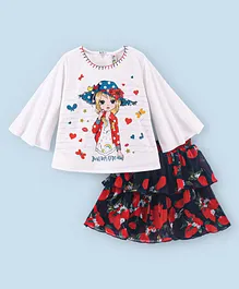 Enfance Flared Three Fourth Sleeves Doll Printed Top With Floral Accordion Pleated Layered Skirt - White & Navy Blue