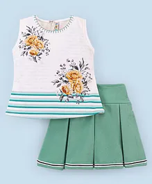 Enfance Sleeveless Vintage Flower Printed & Striped Top With Box Pleated Skirt - White & Pista Green