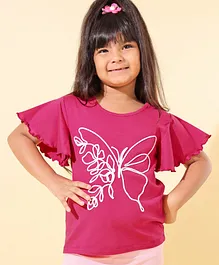 Arias Cotton Stretch Knit Flutter Sleeves T-shirt with Butterfly Embroidery - Dark Pink
