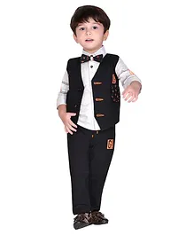 DOTSON Full Sleeves Lines Detailed Shirt With Text Printed Waistcoat & Pants & Bow Tie Party Set - Black