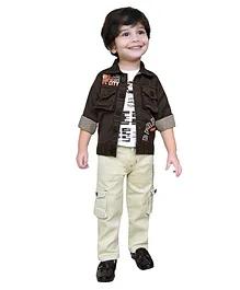 DOTSON Full Sleeves Berlin Embroidered Jacket With Half Sleeves Text Printed Tee And Jeans - Dark Brown