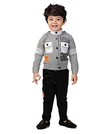 DOTSON Full Sleeves Text Printed Hooded Jacket With Short Sleeves Tee & Pants Party Set - Grey