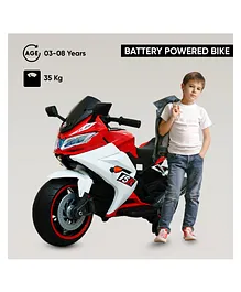 GetBest 12V R1 Battery Operated Ride on Electric Bike with Supporting Wheels Suspension Music and Lights - White & Red
