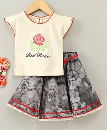 Enfance Cap Sleeves Rose Detailed Top With Watercolour Effect Floral Printed Skirt - Cream