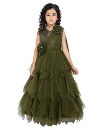 Betty By Tiny Kingdom Sleeveless Sequin Bodice With Rose Applique Embellished Layered Fit & Flare Gown - Mehendi Green