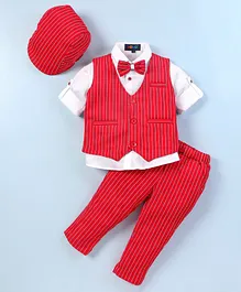 Robo Fry Full Sleeves Striped Party Suit with Bow & Cap - Red