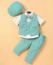 Robo Fry Full Sleeves Striped Party Suit with Bow & Cap - Green