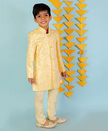 KID1 Full Sleeves Self Design Sherwani With Pyjama - Yellow