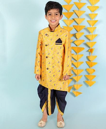 KID1 Full Sleeves Embroidered Ethnic Motif Sherwani & Dhoti Set - Yellow