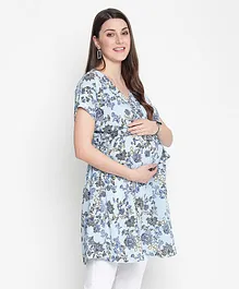 Oxolloxo Half Sleeves Floral Printed Wrap Maternity Tunic - Blue