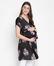 Oxolloxo Half Sleeves Floral Printed Wrap Maternity Tunic Top - Black