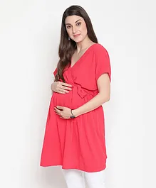 Oxolloxo Half Sleeves Striped Self Design Wrap Maternity Tunic Top - Red