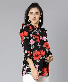 Oxolloxo Three Fourth Sleeves Seamless Flower & Leaf Printed Maternity Top - Black