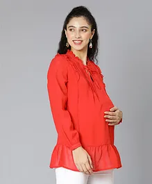 Oxolloxo Three Fourth Sleeves Solid Pintucked & Flared Maternity Top With Front Tie Up - Red