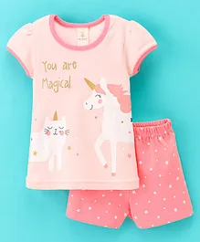 Baby Naturelle & Me Cotton Short Sleeves  Night Suit Unicorn & Kitty Print- Peach