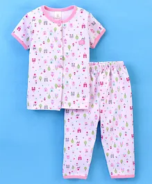 Baby Naturelle & Me Cotton Half Sleeves Night Suit House Print- Pink