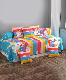 Filymore Kids Unicorn Diwan Set Pure Microfiber Single Bed Bedsheet 5 Cushions Covers And 2 Bolster Covers - Multicolour