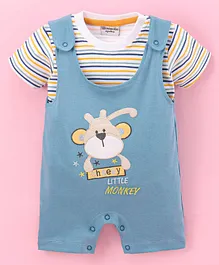 Wonderchild Half Sleeves Striped Tee With Monkey Embroidered Romper - Blue