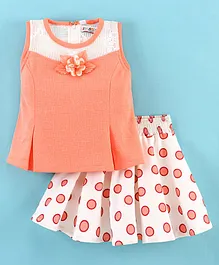 Enfance Sleeveless Corsage Applique Top With Polka Dot Flared Skirt - Peach