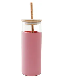 The Better Home Borosilcate Tumbler with Wooden Lid & Straw Fuschia - 450ml