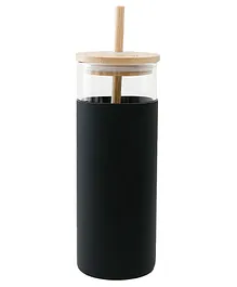 The Better Home Borosilcate Tumbler With Wooden Lid & Straw Black- 450 ml