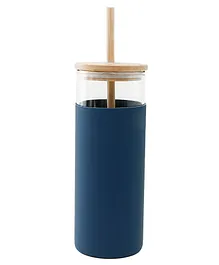 The Better Home Borosilcate Tumbler With Wooden Lid & Straw Navy Blue- 450 ml