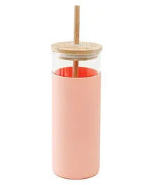 The Better Home Borosilcate Tumbler With Wooden Lid & Straw Peach- 450 ml