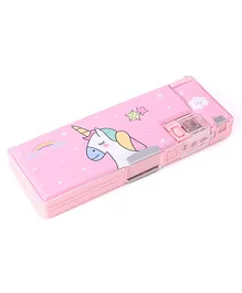 Multi Functional Dual Side Pencil Box with Sharpener Unicorn Print - Pink