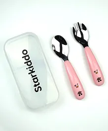 StarKiddo® Coral Cub Premium Safe and Stylish Stainless Steel Spoon and Fork Set with Travel Case for Toddlers and Kids - Pink
