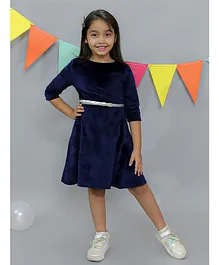 KIDSDEW Three Fourth Sleeves Solid Party Wear Dress With Belt - Navy Blue