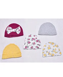 Kidofash Pack Of 5 Polka Dots With Floral Printed & Striped Bow Detail Caps - Maroon