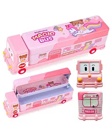 Vinmot Unicorn Cartoon Printed Metal Magic Bus Geometry Box with Double Compartment and Sharpener Moving Tyres Pencil Box - Pink