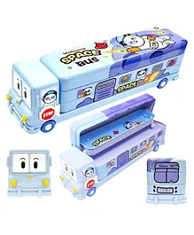 Vinmot Space Cartoon Printed Metal Bus Geometry Box with Double Compartment and Sharpener Moving Tyres Pencil Box - Blue