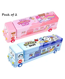 Vinmot Unicorn & Space Cartoon Printed Metal Bus Geometry Box with Double Compartment and Sharpener Moving Tyres Pencil Box for Kids and School (Pack of 2)