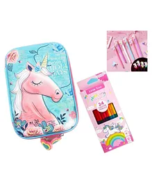 Vinmot Large Unicorn Stationery Pouch Case with Compartment with 5 Unicorn LED light Pens and Unicorn Double Sided Pencil Colours - Multicolour