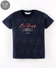 Ruff Half Sleeves Text Print T-Shirt - Navy Blue