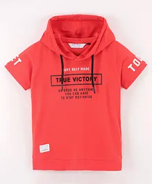 Ruff Half Sleeves Text Print Hooded T-Shirt - Red
