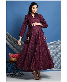 Mometernity Full Sleeves Self Design Flared Maternity Kurta Dress - Purple