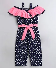 M'andy Cold Shoulder Half Sleeves Abstract Printed Jumpsuit - Navy Blue