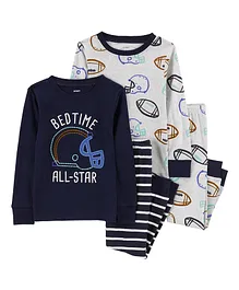 Carter's Cotton Knit Full Sleeves Night Suit Rugby Ball Print Pack of 2 - Navy Blue & Grey Melange