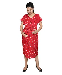 Mama & Bebe Short Bell Sleeves Leaf Printed Maternity Dress - Red